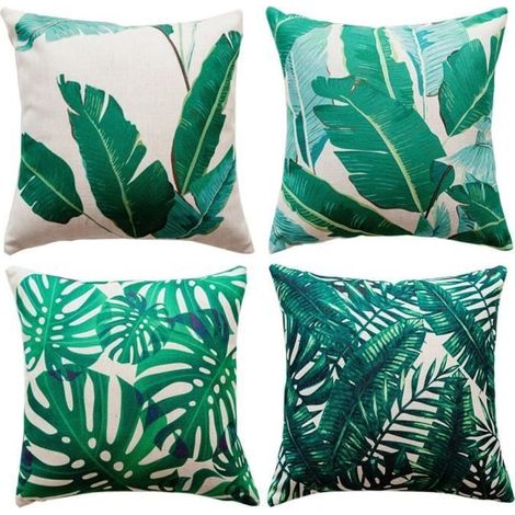 Set von 4 Kissenbezügen 45x45 cm, grünes Blattmuster aus Baumwolle und Leinen. Ideal zur Dekoration Ihrer Couch oder Ihres Bettes.