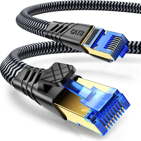 Cat 8 Câble Ethernet 3m, Cat 8 RJ45 Cable Super Débit Réseau Lan Patch 40Gbps 2000MHz Plat Nylon Tressé Câble Internet Compatible avec Routeur, Switch, Modem, TV, PS5/4, Xbox, PC (1/5)
