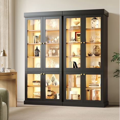 Meuble de rangement vitrine en verre 160 x 40 x 180 cm avec LED, noir DESVIAE (1/5)