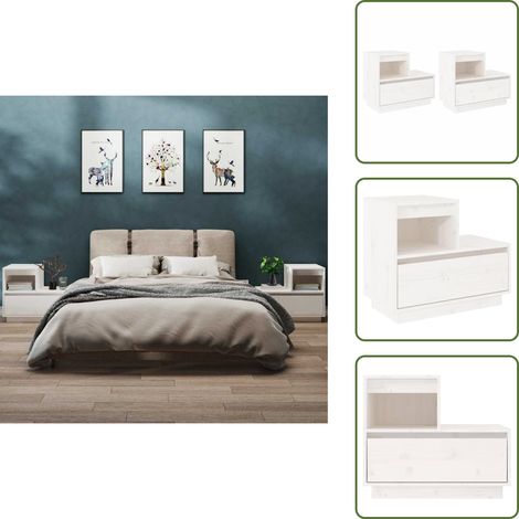 Nachttische 2 Stk. Weiß 60x34x51 cm Massivholz Kiefer - Massivholzmöbel - Kiefernmöbel - Nachttische - Wohnzimmer Dekoration - Schlafzimmermöbel (1/5)