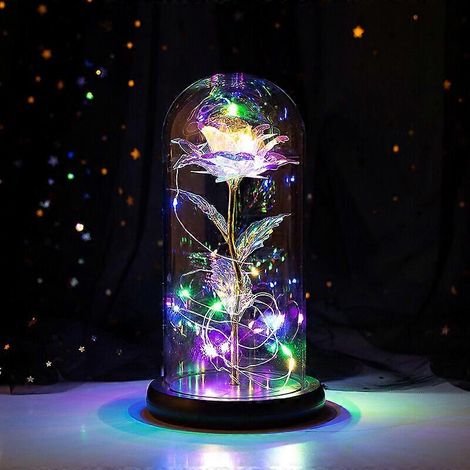 Rose éternelle La Belle et la Bête avec lumières LED sous cloche en verre, cadeau idéal pour la fête des mères, un mariage, la Saint-Valentin ou un anniversaire. (1/5)
