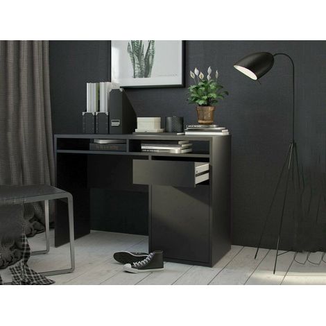 Dmora Linearer Schreibtisch mit einer Tür und einer Schublade, Farbe schwarz, 110,2 x 77,4 x 48,2 cm (1/5)