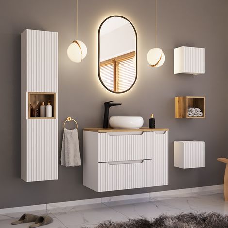 Badmöbel Set 6-teilig mit 80cm Waschtisch, weiß und Eiche, NEWPORT-56-WHITE (1/5)