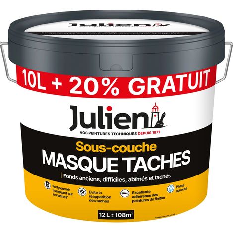 Sous-Couche Masque Taches - Pour fonds anciens, difficiles, abîmés, tachés - Mat Blanc 10L + 20% gratuit - Julien