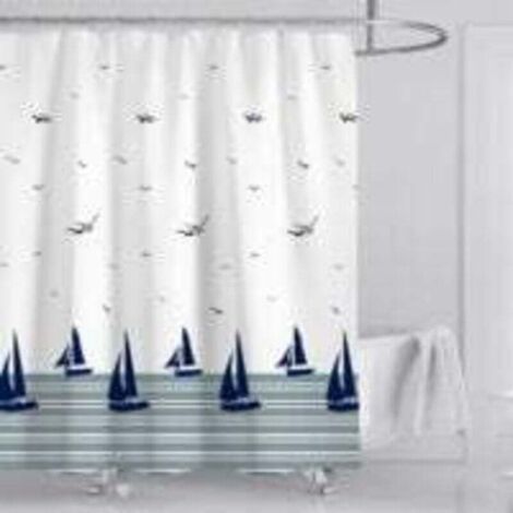 Rideau de Douche Bleu Nautique Côtier Océan Rideau de Bain Tissu Polyester Anti Moisissure Imperméable Lavable Rideau Salle de Bain 180 x 180 cm avec 12 Crochets pour Baignoire