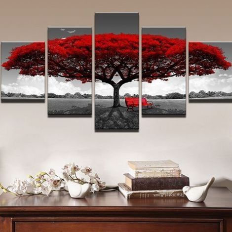 5 Pcs / Ensemble Moderne Toile Peinture Décor Rouge Arbre Art Toile Peinture à L'Huile Image Imprimer Sans Cadre-Fei Yu (1/5)