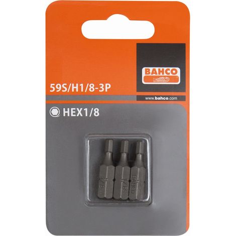 Bahco Embout de tournevis 1/4 standard pour vis 6 pans 1/8", 25 mm - 3 pcs/conditionnement blister - 59S/H1/8-3P"