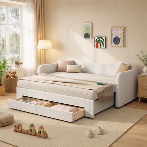 Cama extensible 90/200 cm ampliable a 180/200 cm, bouclé beige con 2 cajones, USB y USB-C (1/5)