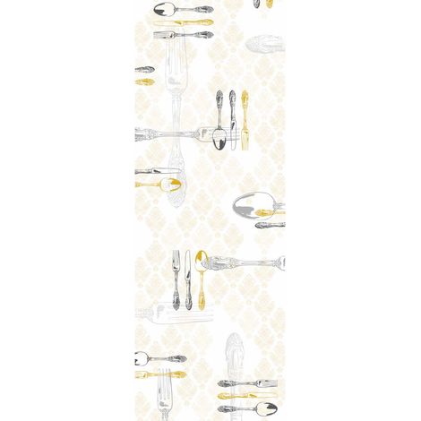 Papier peint panoramique parfait pour cuisine | Tapisserie panoramique jaune et grise originale | Papier peint panoramique à motif couverts - 280 x 100 cm (1 pièce) (1/2)
