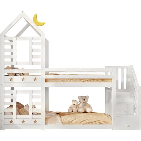 Lit superposé enfant cabane blanc avec escaliers et rangements intégrés, 2 couchages 90 x 200 cm, barrière de sécurité, certifié EN 747-1:2024 - CHICFURN (1/5)