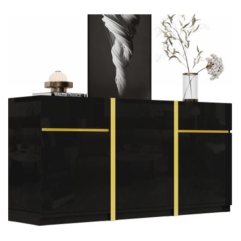 Buffet noir laqué brillant, 3 portes, 2 tiroirs, style minimaliste