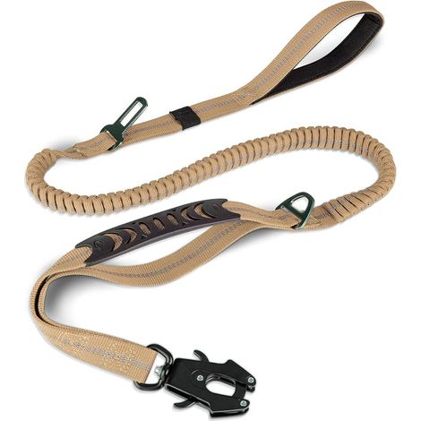 Laisse Tactique, 1.2m-1.8m Bungee Laisse de Chien réfléchissante avec 2 poignées rembourrées, Ceinture de sécurité de Voiture pour Les Chiens de Taille Moyenne, Grande, X-Grand, Marron Coyote (1/5)