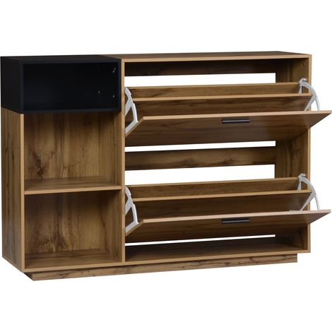 Scarpiera 120 x 32 x 84,5 cm in MDF con 3 vani aperti e 2 ribalte, naturale e nero (1/5)