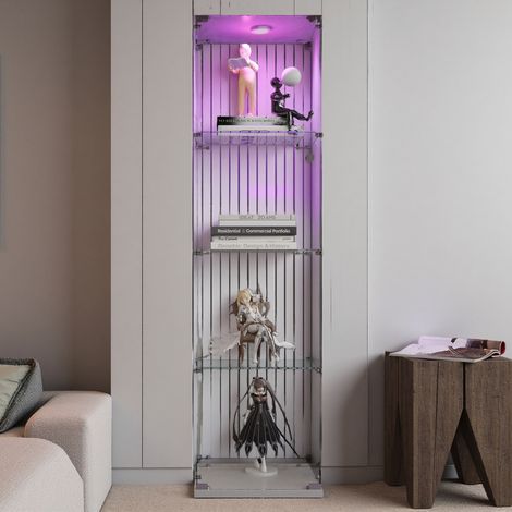 Vitrine en Verre Trempé 4 Étagères avec Éclairage LED Réglable, 164x42.5x36.5cm, Vitrine Armoire de Collection à Serrure, Vitrine Sur Pied Transparente, Blanc (1/5)