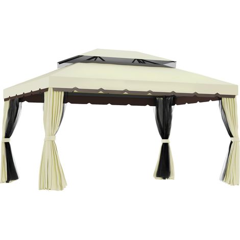 4 x 3 m Aluminum Garden Gazebo, Double Roof Outdoor Gazebo Canopy Shelter with Netting & Curtains for Garden, Lawn, Backyard and Deck, Cream