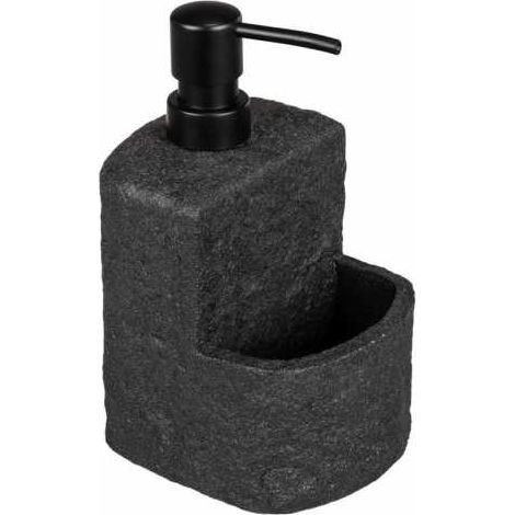 WENKO Dispenser di detersivo Festival Stone nero, dispenser ricaricabile, in ottica pietra di poliresina di qualità, con ripiano aggiuntivo per spugnetta, capacità 380 ml, 10,5 x 18 x 11 cm (1/5)