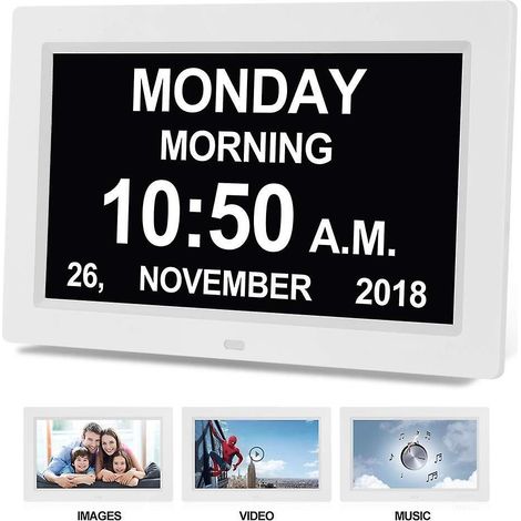 calendrier Numrique Avec Cadre Photo (9 Pouces Noir) - Affichage  Gradation Automatique, Grande Horloge Numrique Pour Malvoyants, Avec Rveil Jour (1/5)