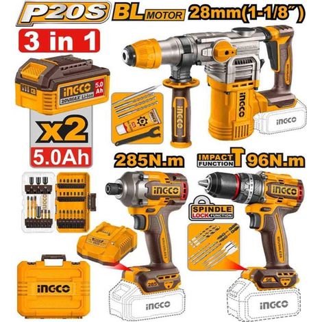 Ingco combo 3 herramientas inlámbricas Martillo perforador+taladro impacto+atornillador impacto 20V COSLI250693E