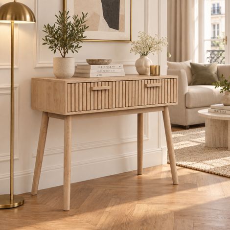 Buffet de rangement 100 x 35 x 80 cm, Commode à 2 tiroirs, Meuble bas, Buffet pour Salon, Chambre, Salle à Manger, Couleur bois naturel (1/5)