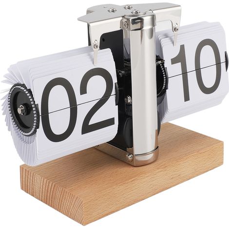 Horloge numérique rétro à cadran rabattable, horloge de bureau mécanique, alimentée par piles, décoration pour le bureau à domicile, 24 heures, base en bois, blanche (1/5)