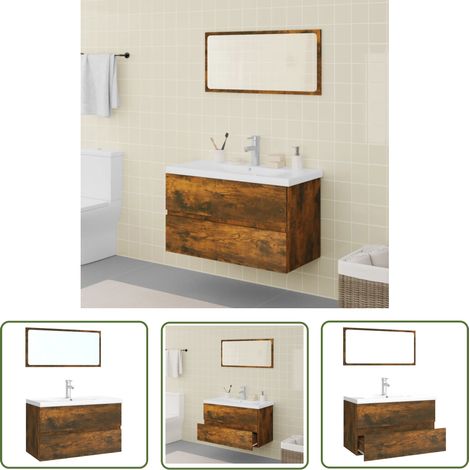 The Living Store Badmöbel-Set Räuchereiche Holzwerkstoff - Badmöbel-Set - Holzwerkstoff - Waschtischunterschrank - Spiegelschrank - Badezimmermöbel (1/5)
