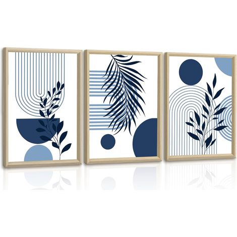 3 Pcs Boho Bleu Plante Lignes Impression Sur Toile Avec Cadre, Esthétique Rond Géométrie Tableau Decoration Murale Moderne Minimaliste Affiche Peintures Decoration Chambre Maison Bureau 30x40cmx3 (1/5)