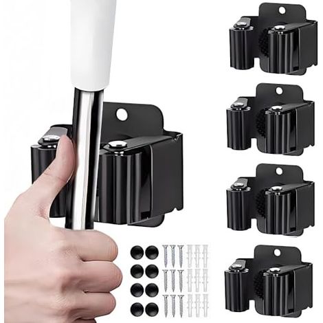 Porte-balais de jardin 5 pièces, porte-outils, porte-outils maison pour cuisine, porte-balais mural, salle de bain, en acier inoxydable, garage (noir) (1/5)