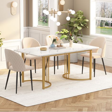 Mesa de comedor 140x80x75 cm blanca en MDF y metal con efecto mármol y patas regulables (1/5)