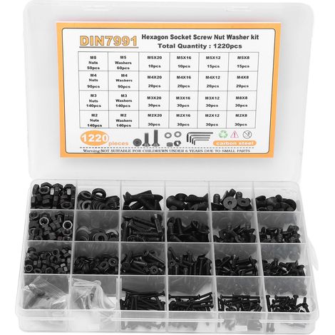 Kit de 1220 pièces vis écrous rondelles assortiment M2 M3 M4 M5 tête plate hexagonale intérieure acier carbone fixation (1/5)