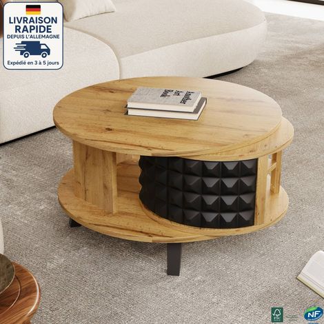 MODFU - Tavolino girevole con contenitore, tavolino laterale, piano a doppio spessore, 80×80×45 cm, naturale + nero (1/5)