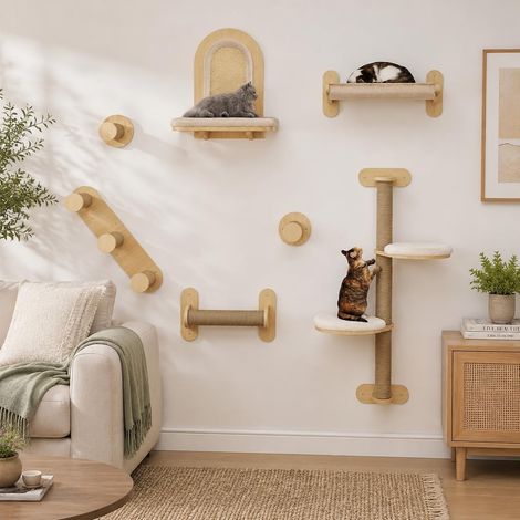 Lot de 7 étagères murales pour Chat, Arbre à Chat d'intérieur en Bois Massif, Multi-Niveaux, Cadre d'escalade Mural en Robuste avec griffoirs, Plateforme et lit pour Chaton (Bois Naturel) (1/5)