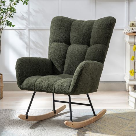 Sedia a dondolo ergonomica con schienale ad ali, seduta ampia, base in legno, tessuto teddy verde scuro (1/5)