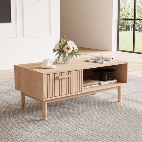 Couchtisch 100 cm, rechteckig, mit Schubladen, Regalen, Griffe, Massivholzfüße, modernes Wohnzimmermöbel - Natur