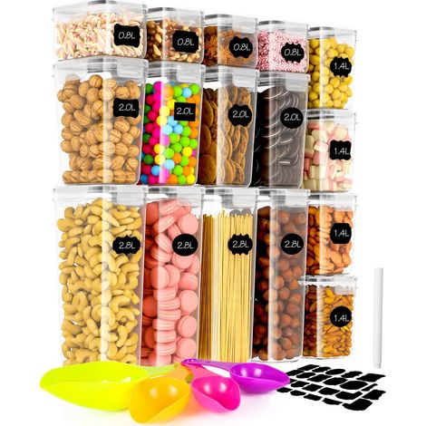 16 Vorratsgläser mit Deckel, Aufbewahrungsbox, luftdichtes Küchenbehälter-Set mit Etiketten und Löffel, Küchenorganisation für Spaghetti, Mehl, Müsli (1/5)