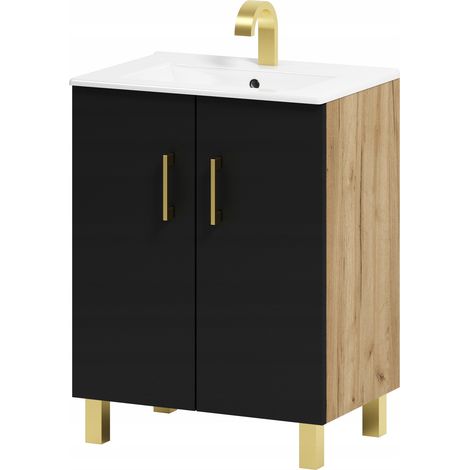 Meuble de salle de bain Viki 60 avec vasque, chêne Craft noir/doré (1/5)