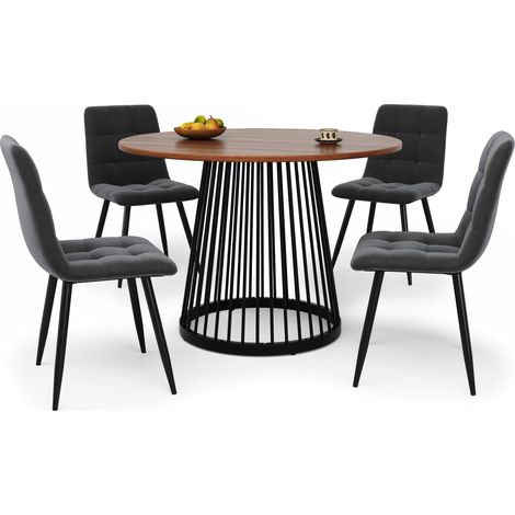 Ensemble de table à manger moderne 5 pièces, ensemble de table de cuisine avec 4 chaises, table ronde de cuisine de 80 cm de diamètre avec pieds en métal noirs, plateau en MDF couleur noyer, chaises e (1/5)
