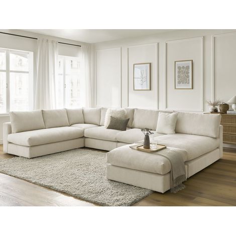 Bobochic – Canapé d'angle modulable velours côtelé – 3 chauffeuses, 1 méridienne, 1 angle, 1 pouf – Confort optimal, design moderne – Beige (1/5)