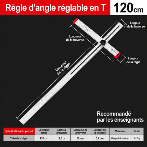 Équerre combinée en T 120 cm multifonction en acier inoxydable pour menuiserie 120cm 1 kg – Livraison gratuite