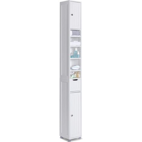 VOUNOT Armario Alto de Baño, Mueble Columna para Baño 2 Puertas y 1 Cajón, Mueble Auxiliar de Almacenaje, 20x20x180cm Blanco