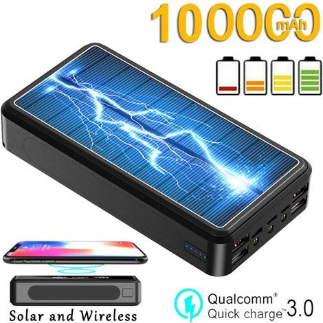 Batterie externe portable solaire sans fil de 100 000 mAh avec lampe LED, étanche et haute capacité, idéale pour une utilisation en extérieur. (1/5)