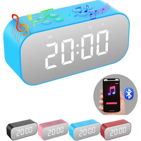Réveil numérique avec haut-parleur Bluetooth, miroir LED, double alarme et fonction snooze, bleu, 1 pièce (1/4)