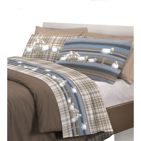 Completo letto set lenzuola 100% cotone di flanella linea pecorelle Matrimoniale - Beige