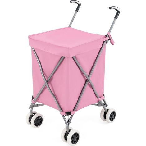 COSTWAY Chariot de Courses Pliable 90 L Sac Oxford Amovible Impermeable et 2 Roues Freinage, Caddie Marché Structure en Acier en Forme de X, Charge 54 kg (Rose)