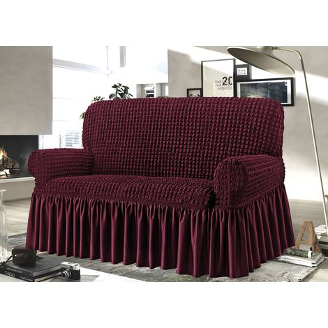 Copridivano Elasticizzato Arricciato Con Volants Tinta Unita Luxory Bordeaux, misura2 PosticoloreBordeaux (1/4)