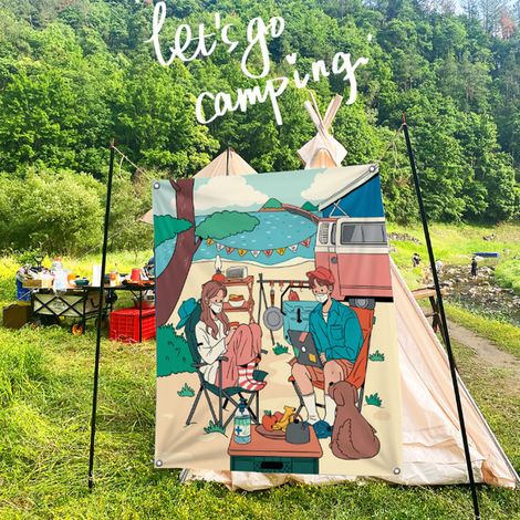Tapisserie murale de camping style Instagram, décoration extérieure esthétique, 130 x 150 cm (avec boutons pour cheveux courts) (1/5)