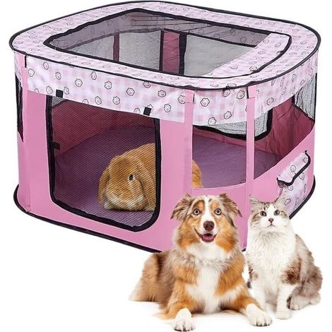 Enclos pliable pour chiots et animaux - En tissu Oxford - Tente rectangulaire pour chiens lapins cochons d'Inde et chats - Pour l'intérieur ou l'extérieur - 70 x 55 x 40 cm - Rose (1/4)