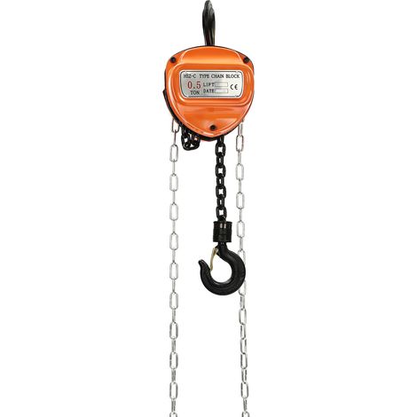 Palan à chaîne manuel - 0,5 T / 1102 lbs - Hauteur 3 m - Acier allié - Chaîne 6 mm - Pour levage, chargement, atelier