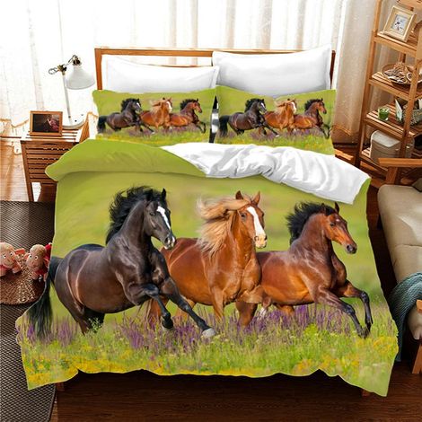 Parure de lit avec Housse de Couette Cheval 3 pièces Impression 3D Animaux Motif Cheval Microfibre avec taie d'oreiller pour Adolescents Enfants (C, 220x240cm) (1/5)