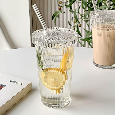 Verre À Boisson En Verre - 375 ml - Avec Couvercle Et Paille - Pour Eau Café Glacé Thé Jus - 1 Pièce (1/5)