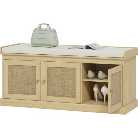 Banc chaussures entrée 9 paires, banc de rangement, 3 portes en rotin, coussin et étagère réglable, 105x35x47cm, chêne (1/5)